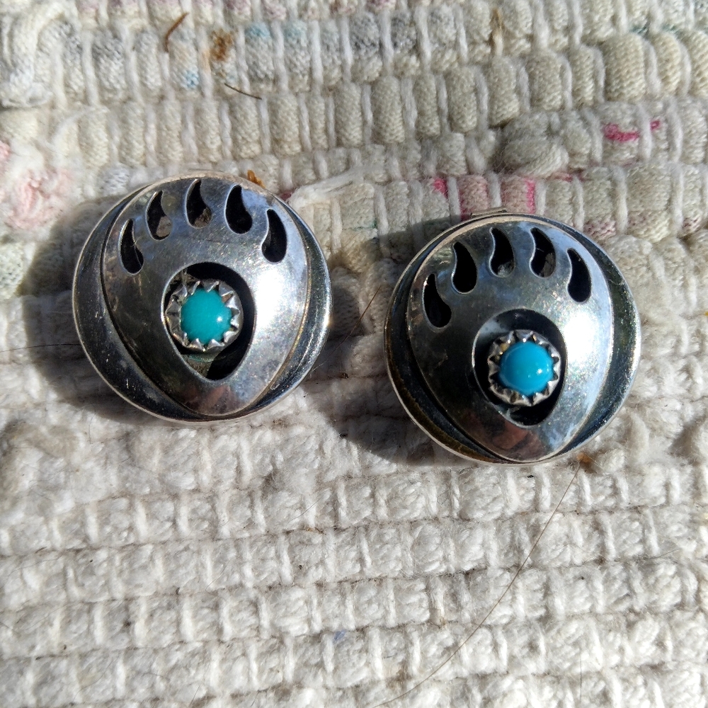 Vintage Silver and Turquoise Bear Paw Button Covers